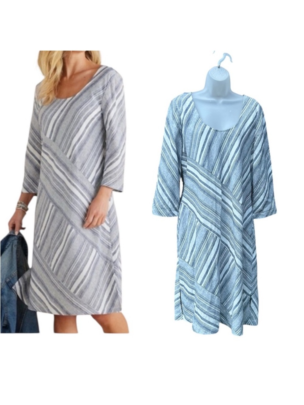 SOFT SURROUNDINGS Women Sz M Blue White Striped Sonya‎ Linen Blend Shift Dress.